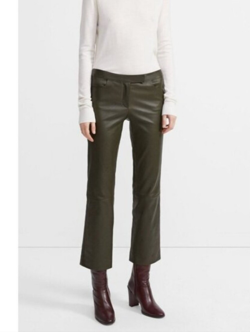 Theory Dark Green Minimalist Bristol Crop Kick Flare Leather Pants Size 8